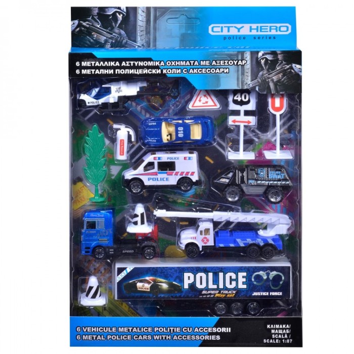 Set Vehicule Jucărie, Model City Hero, Scara 1:87, 6 Bucăți Metalice Cu Accesorii, Multicolor