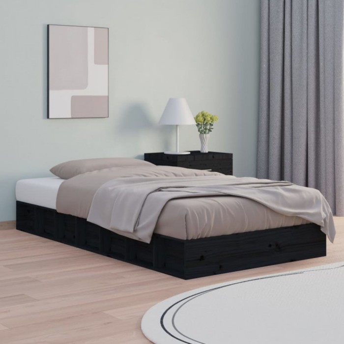 vidaXL Cadru de pat mic Single 2FT6, negru, 75x190 cm, lemn masiv