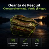 Geantă de Pescuit Compartimentată, Verde și Negru