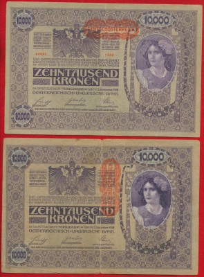 2 variante ale bancnotei 10 000 Koroane din 2 noiembrie 1918 cu supratipar &amp;quot;DEUTSCHOSTERREICH&amp;quot; foto