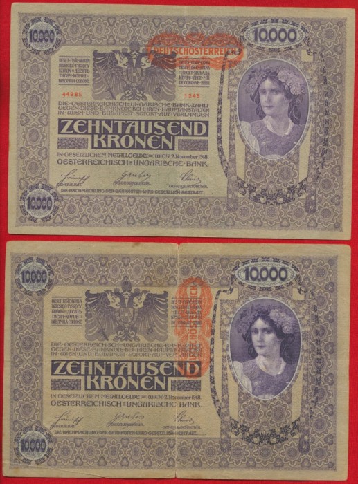 2 variante ale bancnotei 10 000 Koroane din 2 noiembrie 1918 cu supratipar &quot;DEUTSCHOSTERREICH&quot;