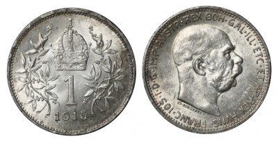v050 AUSTRIA 1 Coroana 1915 ARGINT UNC PIESA DE COLECTIE LUCIU DE BATERE foto