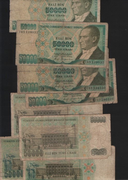 Turcia 50000 lire 1970(1995) VG-F pret pe bucata