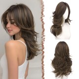 Perucă sintetică stratificată 50cm cu franjuri perdea rezistentă la căldură &ndash; Brunet cu reflexe