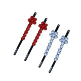 Cumpara ieftin Set 4 clame par rosu si albastru deschis 5 x 1 cm cu pietre artificiale, 2 rosii si 2 albastru deschis, model floral pentru suvite, coc si coafuri