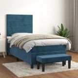 VidaXL Pat box spring cu saltea, albastru &icirc;nchis, 90x190 cm, catifea