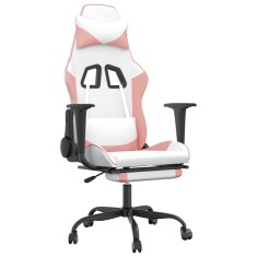 Scaun gaming de masaj/suport picioare, alb/roz, piele ecologica foto