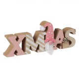 Decorațiune Crăciun Lemn Xmas Gnome Căciulă Roz și Cadou Bej șampanie 19.5cm, Oem