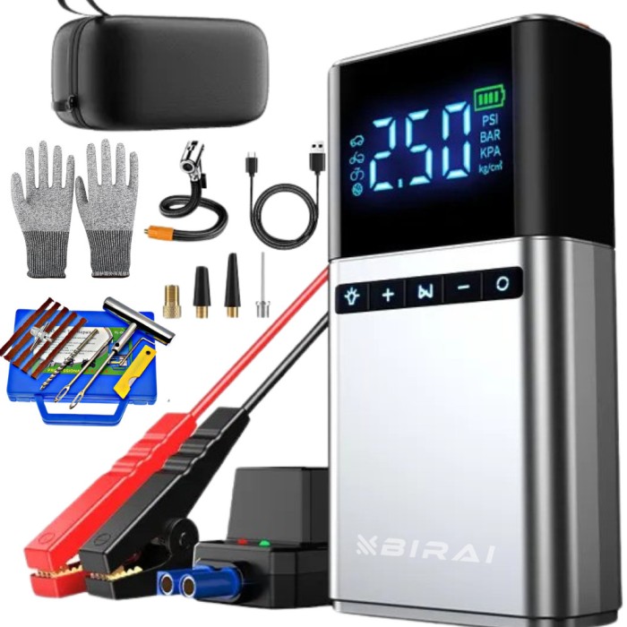 Starter Baterie Auto 12V BIRAI, Portabil, Multifunctional 4 in 1, 12000 mAh, Jump Starter Booster, Compresor Auto, Lanterna, Baterie Externa, 1500A Pe