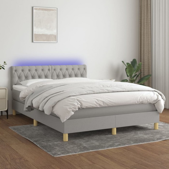 vidaXL Pat cu arcuri, saltea și LED, gri deschis, 140x190 cm, textil 3133949