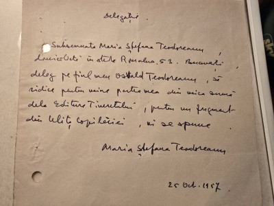 Delegație scrisa &amp;icirc;n &amp;icirc;ntregime și semnata de scriitoarea Ștefana Teodoreanu, soția lui Ionel Teodoreanu, foto
