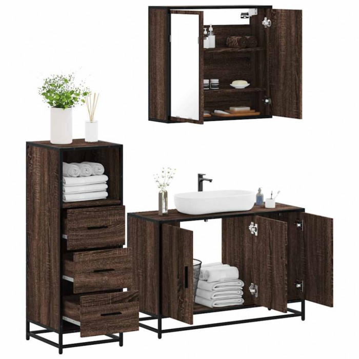 Gossi set mobilier de baie, 3 piese, stejar maro, lemn prelucrat
