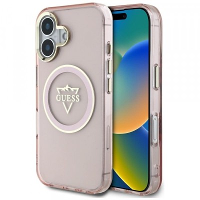 Husa MagSafe pentru Apple iPhone 16, Guess, IML Metal Mountain Logo, Roz foto