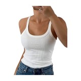 Tricou de bază pentru femei, fără m&acirc;neci, cu bretele subțiri, din material cu nervuri, croi str&acirc;ns, ideal pentru vară, alb, M
