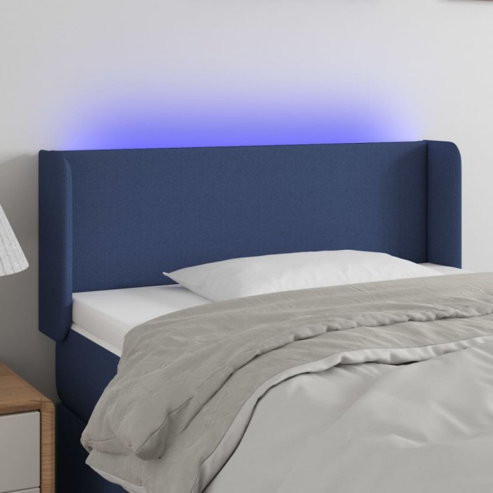 Tăblie de pat cu LED, albastru, 103x16x78/88 cm, textil