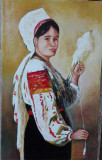 Tablou portret fata cu fuiorul semnat Cimpoesu dupa Grigorescu., Portrete, Ulei, Realism