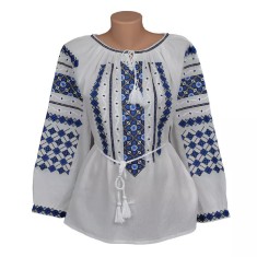 Ie Traditionala Alba cu Motiv Geometric Albastru- IML22