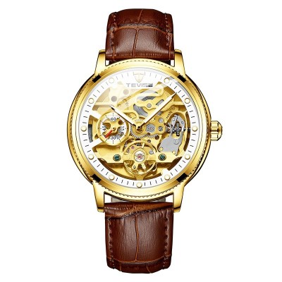 Ceas barbatesc Tevise Automatic Skeleton Curea piele Maro auriu foto