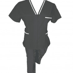 Costum Medical Pe Stil, negru cu fermoar si cu garnitura Alba, Model Adelina - 2XL, 2XL