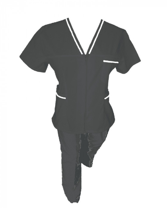 Costum Medical Pe Stil, negru cu fermoar si cu garnitura Alba, Model Adelina - XL, L