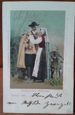 Carte postala, barbat si femeie in costume traditionale, perioada interbelica foto