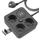 Prelungitor Multifunctional pentru Birou, Flippy, 3 Prize, 2 USB-A, 2 TYPE-C, Suport pentru Telefon, 3250W, Lungime Cablu 2 m, 11.4 x 12.4 cm, Negru