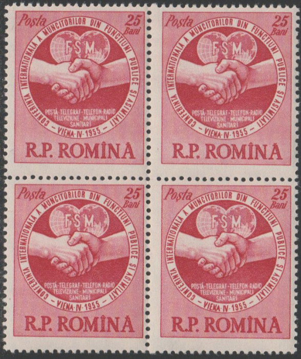 1955 Romania - Conferinta Sindicala Viena, bloc de 4 timbre LP 382 MNH