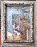 Cumpara ieftin Elisa GHIOCULESCU (cca. 1890-?)-Femeie cos&acirc;nd &icirc;n pridvorul casei, pictură veche, Scene gen, Ulei, Realism