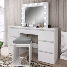 SEA516 Set Masa toaleta 120cm, cosmetica machiaj masuta vanity, oglinda LED, Alb