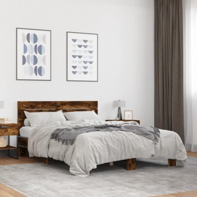 vidaXL Cadru de pat, stejar afumat 135x190 cm lemn prelucrat și metal 3280164 foto