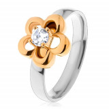 Inel lucios bicolor din oțel, contur de floare cu zirconiu rotund ridicat, transparent - Marime inel: 60