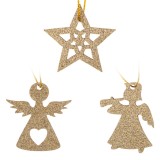 Ornamente Brad Crăciun, Lemn, Stele și &Icirc;ngeri, Glitter Bej, Set 8 Bucăți, 3.5cm