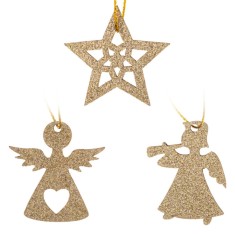 Ornamente Brad Crăciun, Lemn, Stele și &Icirc;ngeri, Glitter Bej, Set 8 Bucăți, 3.5cm