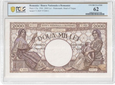 2000 lei Oct 1944 Traian PCGS62 UNc bancnota gradata foto