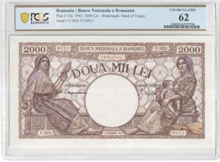 2000 lei Oct 1944 Traian PCGS62 UNc bancnota gradata