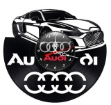 Ceas de perete decorativ realizat din disc de vinil, Model Audi R8 Supercar / Masina Sport, Negru, 30 cm