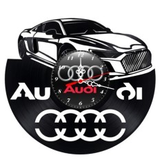Ceas de perete decorativ realizat din disc de vinil, Model Audi R8 Supercar / Masina Sport, Negru, 30 cm