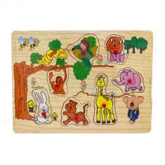 Puzzle educativ incastru Montessori cu animale, Onore, multicolor, lemn, 30 x 22.5 cm, 7 piese