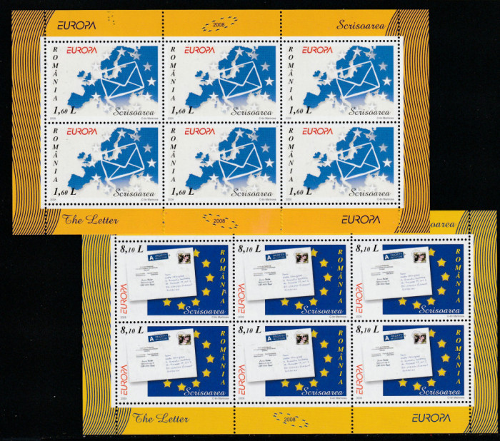 Romania 2008-Europa CEPT,Scrisoarea,coli 6 serii dantelate,MNH