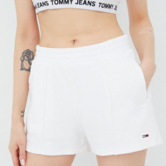 Tommy Jeans pantaloni scurti din bumbac femei, culoarea alb, neted, high waist