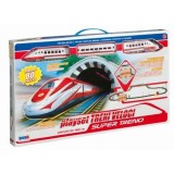 Trenulet de jucarie pentru copii, electric, functionare cu baterii, 2 locomotive si 1 vagon pasageri, 80 piese incluse, lungime traseu 450 cm, cu