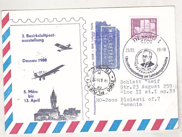 bnk fil Germania RDG - cp stampila ocazionala circulata spre Romania 1988 - aerofilatelie