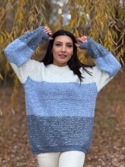 Bluza dama tricotata tricolor cu albastru si paiete