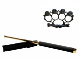 Cumpara ieftin Set Autoaparare: Baston Telescopic Auriu 65cm, Rozeta Box Skull Negru, Otel, Husa Curea
