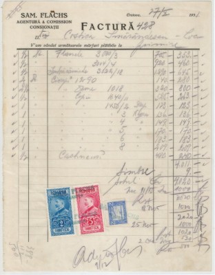 Romania, Sam. Flachs, Agentura &amp;amp; Comission Consignatii, Factura, Craiova, 1931 foto