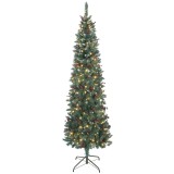HOMCOM Pom de Crăciun Slim 210 cm Artificial, Lumini Incorporate &icirc;n 8 Moduri, 300 Ramuri Dens Ignifuge &Icirc;nzăpezite, 55 Conuri și 55 Ciorchini de Boabe,