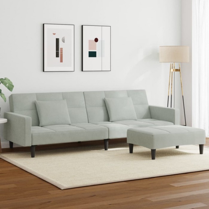 Gossi canapea extensibila cu taburet, 2 locuri, gri deschis, catifea