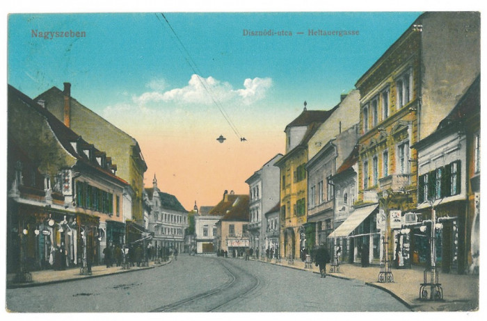 4669 - SIBIU, Market, street stores, Romania - old postcard - used - 1916