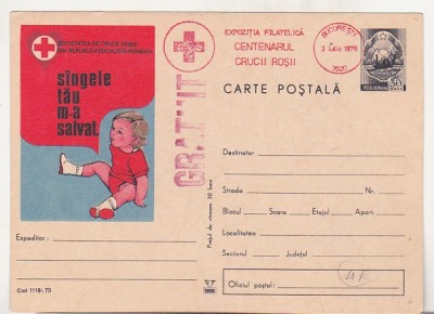 bnk cp Societatea de Cruce Rosie RSR - marca fixa - stampila ocazionala Expofil Centenar Cruce Rosie Bucuresti 1976 foto