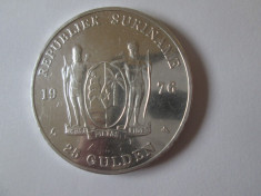 Rara! Suriname 25 Gulden 1976 Proof argint 925,aniversare primul an independenta foto